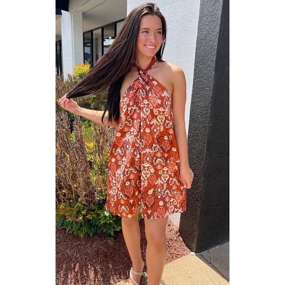 Pink Lily Halter Dress Womens Small Red Boho Pattern Summer Tie Neck - Picture 1 of 7